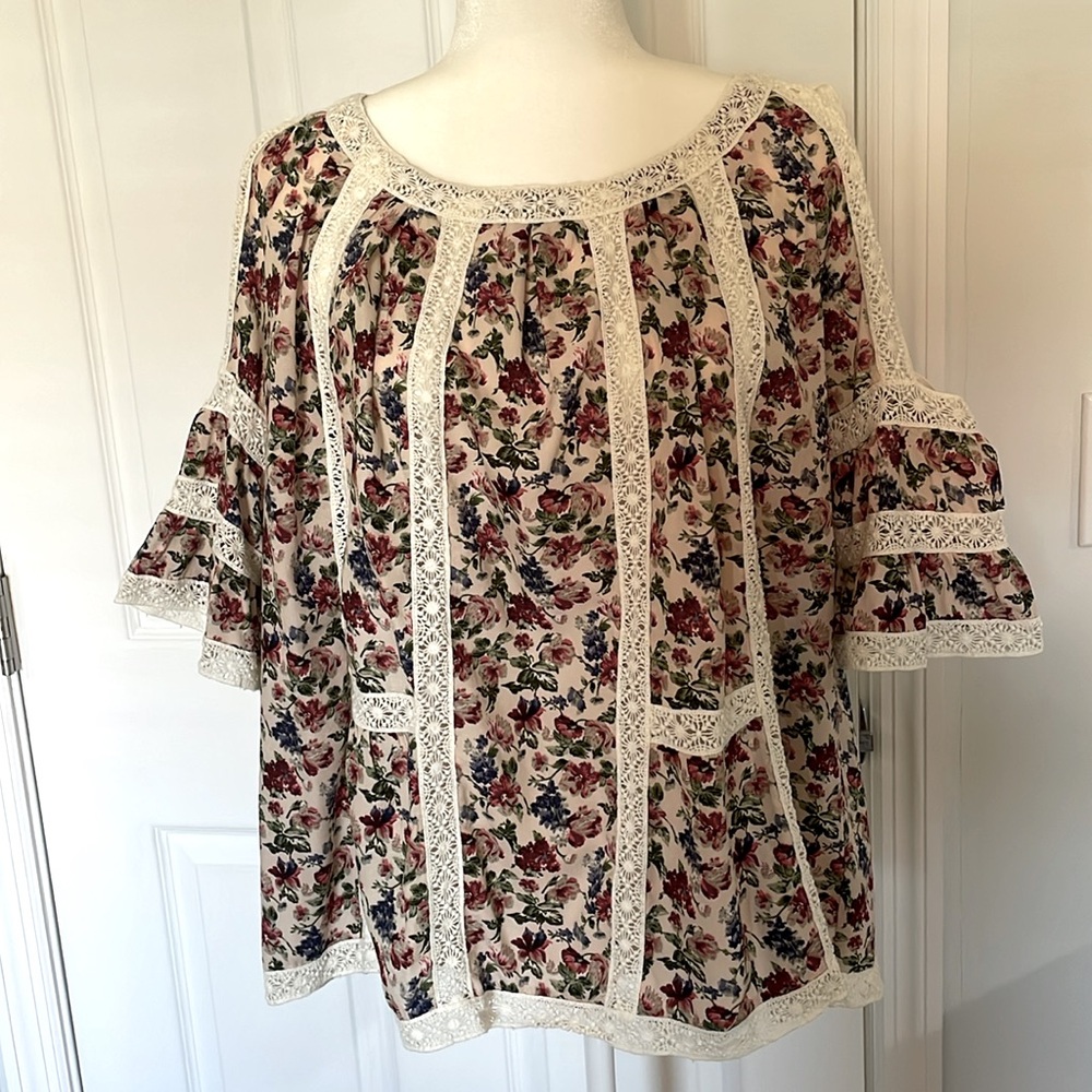 Anthropologie Blue Tassel Flowered Blouse